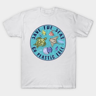 Save The Seas Go Plastic Free Reduce Reuse Recycle Environment Ocean Whale Sea Turtle Jellyfish T-Shirt